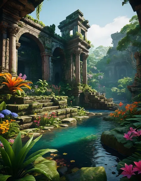 unreal engine 5 render, jungle, river, flowers, ancient ruins, extremely detailed, colorful