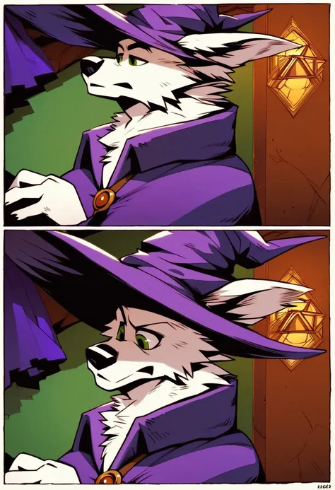 score_9, score_8_up, score_7_up, score_6_up, score_5_up, score_4_up, source_furry, male anthro wolf, (white fur:1.4), purple wizard hat, green eyes, purple wizard robe, detailed background, living room, intense look, focused face,  bulge, comic