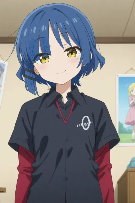 ryo yamada,anime screencap,1girl,solo,shirt,mole,short hair,hair ornament,mole under eyes,black shirt,bangs,collared shirt,indoors,music room,smile, poster,standing <lora:Ryo_Yamada.safetensors:0.8>