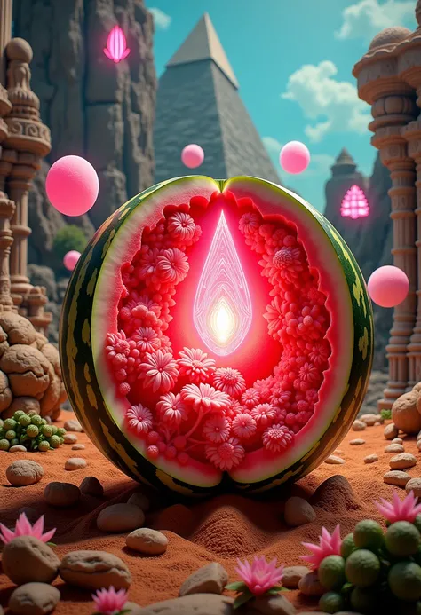 watermeloncarving,DiscoBallStyle Burgundy ais-chocsauce, white ais-chocsauce, white caramel ais-chocsauce, Antique_rose , digital art, surreal landscape, floating objects, abandoned kingdom, pyramids, temples, ruins, sunken city, golden sands, glowing orbs...