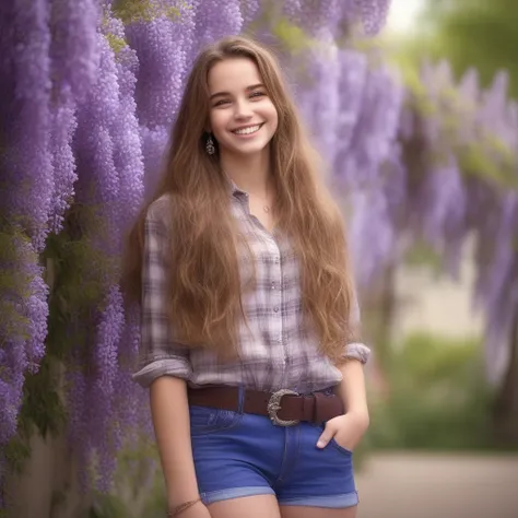 belt, blurry background, realistic, brown hair, long hair, earrings, flower, from side, smile, shorts, plaid shirt, boots, 1girl, wavy hair, outdoors, wisteria, jewelry