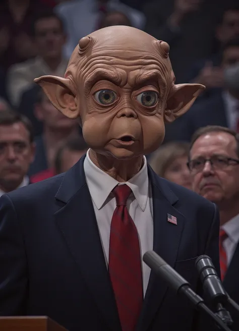 politician at a campaign rally, he is looking like mac the alien