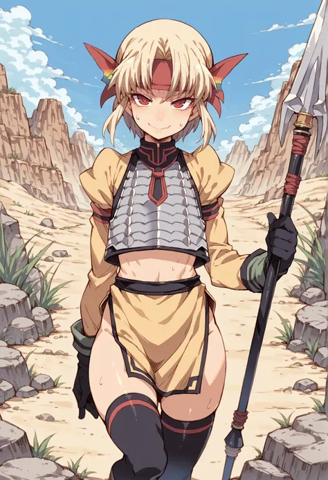 1girl, short hair, blonde hair, sidelocks, red eyes, fang, headband, hair ornament, long sleeves, gloves, body armor, pelvic curtain, thighhighs, holding polearm, spear, smile, looking at viewer, outdoors, desert, sweat <lora:Sharon_V2:1> <lora:tasaka_shin...