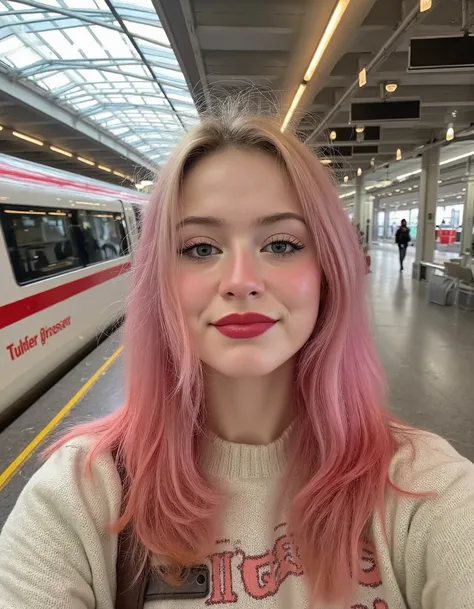 photo of a woman with pink hair, standing at a train station. looking at the camera, smiling. <lora:aesthetic_amateur_photo_v4:1...