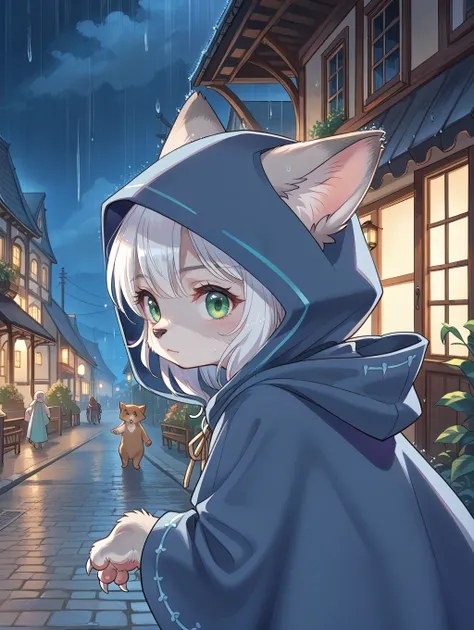 score_9, score_8_up, score_7_up,source_anime,BREAK
cowboy shot, night, 
fluffy, (feral), outdoors, furry, female, bright green eyes, grey fur, grey ears, claws, (fluffy cheeks:0.4), grey hooded cape, hood up, (blue dress), cute, in the style of beatrix pot...