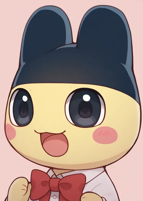 score_9, score_8_up, score_7_up, Mametchi, 1boy, solo, blush, open mouth, black eyes, black hat, bow, blush stickers, cute, furry,