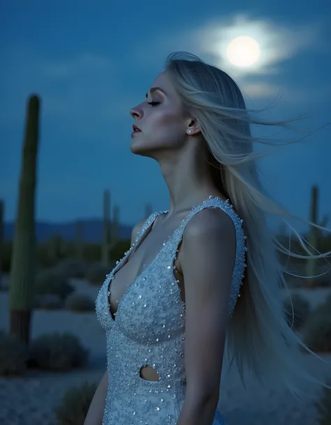 In a hauntingly ethereal photograph, P0L4RR4NA stands against a desolate moonlit desert landscape, her long, cascading silver hair billowing in the wind. Her piercing blue eyes are closed, lost in thought as she gazes out at the distant horizon. She is dre...