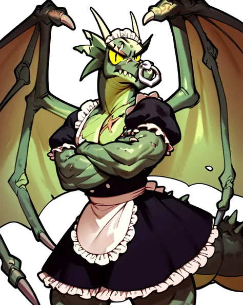 score_9, score_8_up, score_7_up, score_6_up, score_5_up, score_4_up, a giant darkdragon, dragon, anthro, maid costume, annoyed, standing, arm crossed, scar, nose ring, wings, tag1, tag2