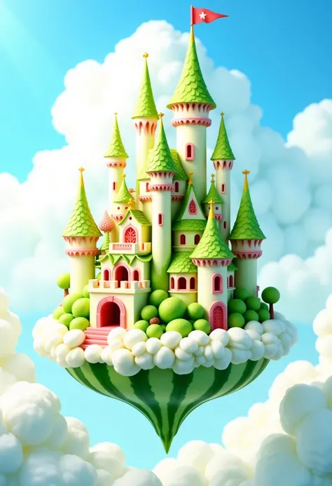 
watermeloncarving, Chartreuse , Whimsical, colorful, fluffy cloud castle floating in the sky, vibrant pastel color palette, detailed architecture, turrets, balconies, bridges, cheerful ambience, soft sunlight, blue sky, clouds, serene, calm, peaceful, inv...