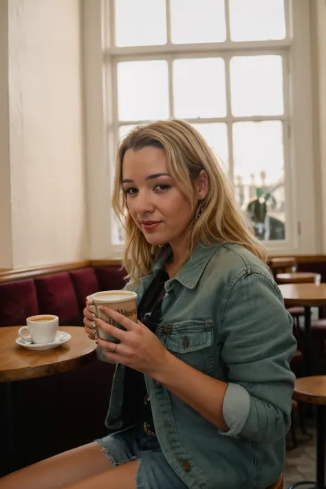 <lora:OliviaSaint:0.8>, full color portrait of a young woman, having coffee at vintage cafe , natural light, RAW photo, subject, 8k uhd, dslr, soft lighting, high quality, film grain, Fujifilm XT3