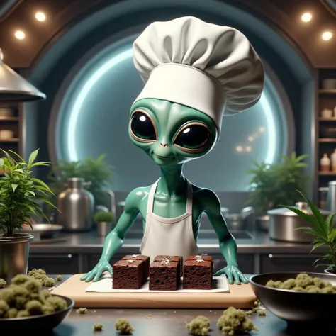 An adult turquoise alien, chefs hat, large black eyes, cooking delicious brownies in a futuristic cosmic space kitchen, surrounded by cannabis plants, warm vibe, confectionary