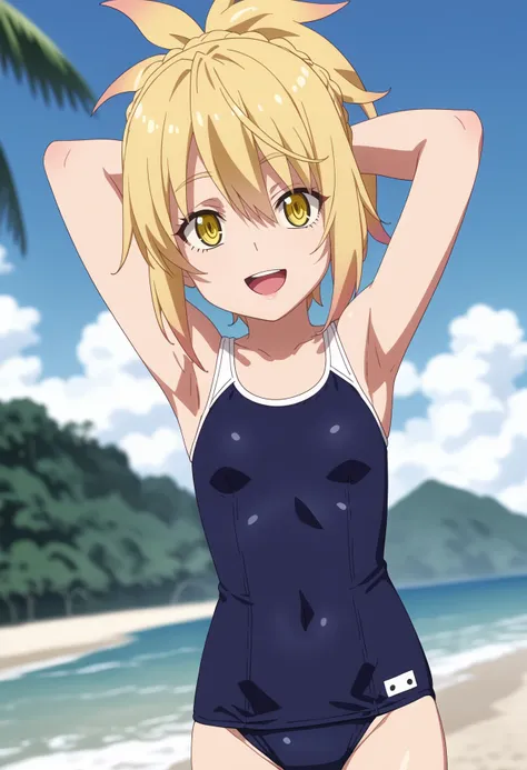 score_9, score_8_up, score_7_up, anime screencap, BREAK
1girl, kunou, blonde hair, short hair, ponytail, yellow eyes,
 school swimsuit, hands behind head, one-piece swimsuit, 
open mouth, smile, happy, solo, looking at viewer, sea, sand, blue sky, tropical...