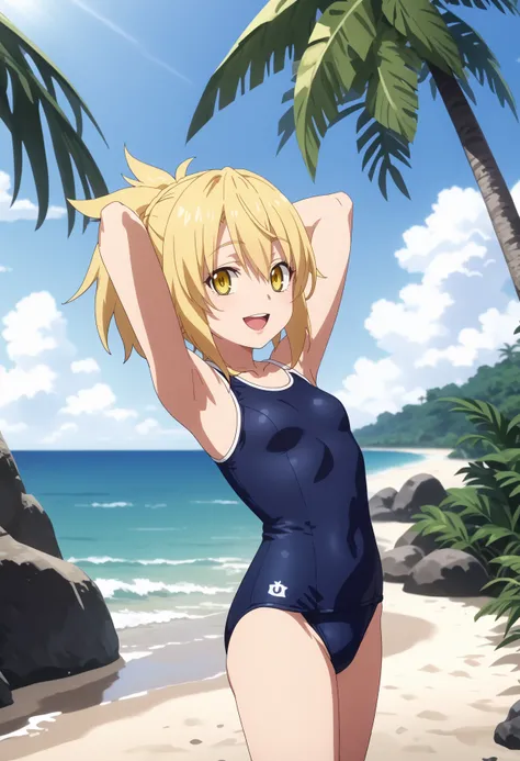 score_9, score_8_up, score_7_up, anime screencap, BREAK
1girl, kunou, blonde hair, short hair, ponytail, yellow eyes,
 school swimsuit, hands behind head, one-piece swimsuit, 
open mouth, smile, happy, solo, looking at viewer, sea, sand, blue sky, tropical...