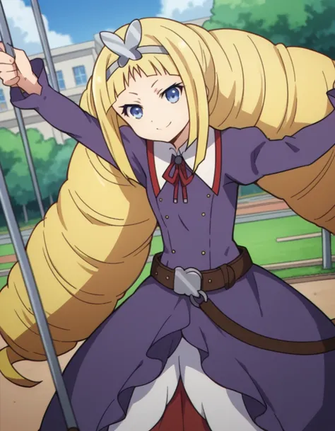 score_9, score_8_up, score_7_up, source_anime, <lora:chouka-u-baragasaki-s1-ponyxl-lora-nochekaiser:1>, chouka u baragasaki, long hair, blue eyes, blonde hair, very long hair, drill hair, twin drills,, dress, belt, tiara, crown, purple dress,, public park,...