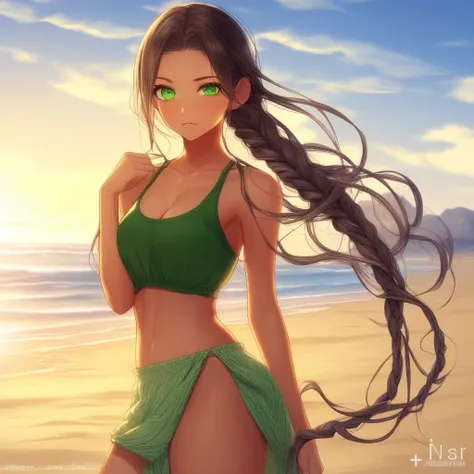 Green eyes, braided hair, brunette, beautiful face, perfect lips, blushing, fitness model, anime style::3  , perfect body, nice curves, green summer dress, green eyes::1  , long legs, standing, sand beach, golden hour, walking, hand in hair, smooth skin::1