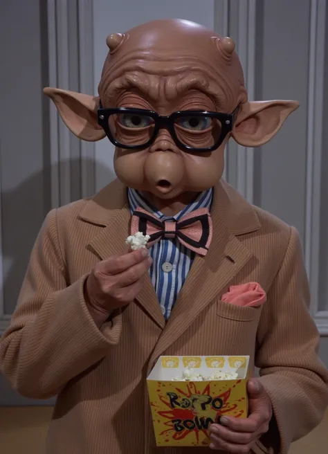 mac the alien wearing black rimmed glasses, wearing a cheap brown coat with a salmon colored kerchief in the pocket and a black and salmon colored bow tie, the jacket is open and he is wearing a blue and white striped button down shirt, he is eating popcor...