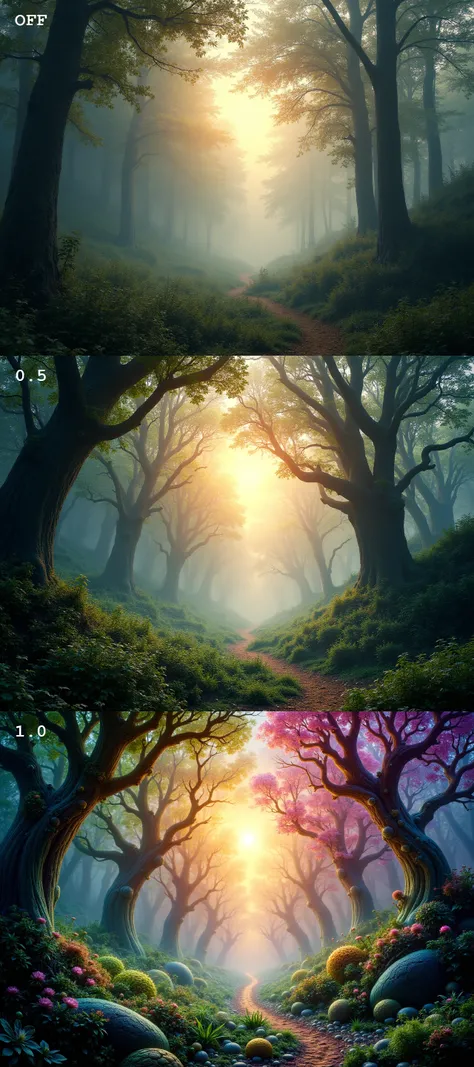 serene, ethereal fantasy scene with a dense forest surrounding an idyllic secluded glen, mysterious ambience, low mist, golden hour, pastel colors