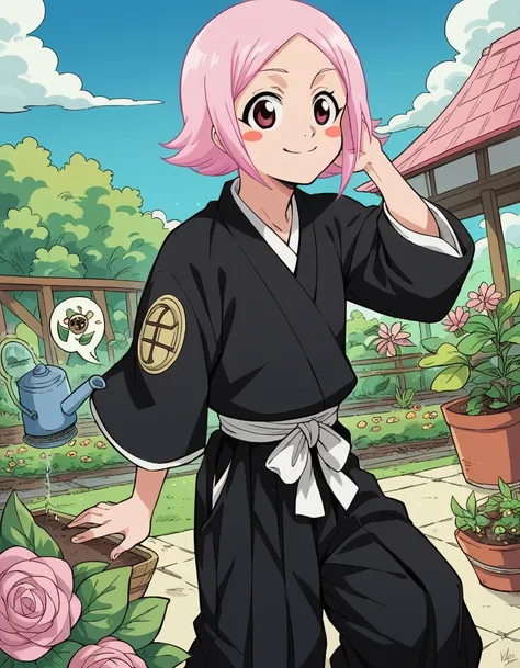 score_9, score_8_up, score_7_up, source_anime, <lora:yachiru-kusajishi-anime-ponyxl-lora-nochekaiser:1>, yachiru kusajishi, short hair, pink hair, pink eyes, blush stickers, forehead,, long sleeves, japanese clothes, hakama, black hakama,, gardening, water...