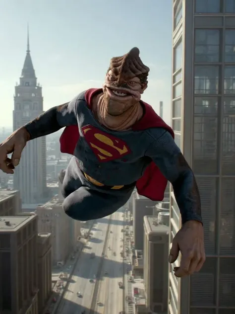 dexterjettster with four arms cosplaying as Superman flying through the air over Metropolis, facing viewer. classic cinematic portrait photo , dexterjettster