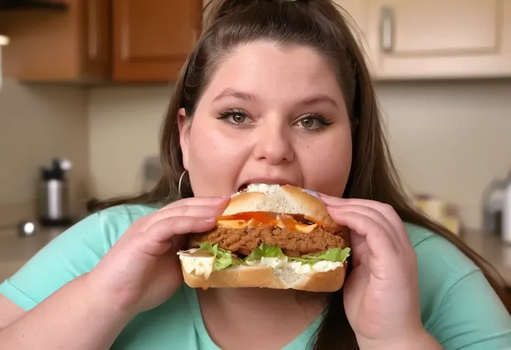 head and shoulders portrait,amberlynn woman eating a large sandwich,<lora:Amberlynn Reid SDXL:0.8>,fat,obese,plump,5 digits,kitchen,