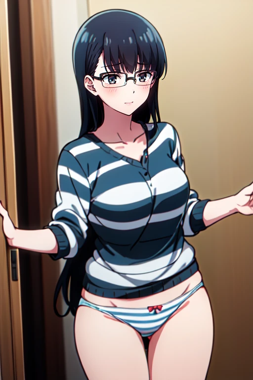 masterpiece, highres, best quality, 
<lora:KyokoKuroyuriR4:0.7>,KyokoKuroyuriR4,
1girl, black eyes, black hair, bangs, glasses, 
striped panties,