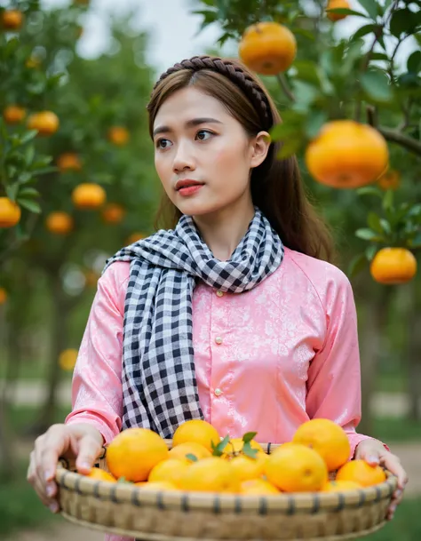 aobabavn1, Vietnamese, a young woman standing in an orange grove, holding a basket of oranges. She is wearing a pink blouse and a black and white checkered scarf around her neck. She has long dark hair and is looking off to the side with a serious expressi...