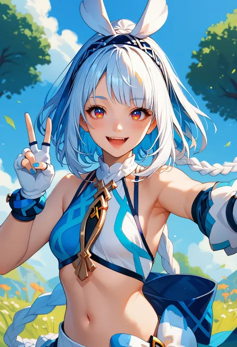 score_9,score_8_up,core_7_up, <lora:mualani_genshin_impact_pdxl_goofy:1>mualaniGi, 1girl, solo, fingerless gloves, gloves,hairband, navel, blue hair,white hair, v, braid, smile, nail polish, looking at viewer, blue nails, open mouth, armpits, breasts, hair...