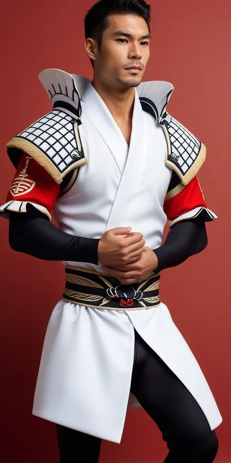 full image of a man wearing samurai shinobi robe, simple background, white background, masterpiece, high quality, best quality    <lora:fashionistaXLt2:1>