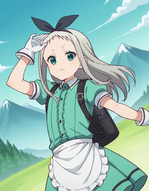 score_9, score_8_up, score_7_up, source_anime, <lora:hideri-kanzaki-s1-ponyxl-lora-nochekaiser:1>, hideri kanzaki, long hair, bow, green eyes, hair bow, grey hair, male focus, hairband, black hairband, otoko no ko, forehead,, gloves, dress, short sleeves, ...