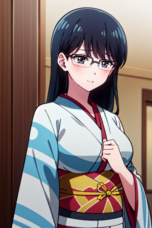 masterpiece, highres, best quality, 
<lora:KyokoKuroyuriR4:0.7>,KyokoKuroyuriR4,
1girl, black eyes, black hair, bangs, glasses, 
kimono