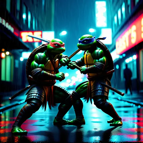 Background: New York streets, rainy night. Blinking neon signs create a dim light. Characters: Leonardo, the leading Ninja Turtle, faces a samurai in shining armor. The samurai holds a long katana, while Leonardo holds his own. Action: The samurai attacks ...