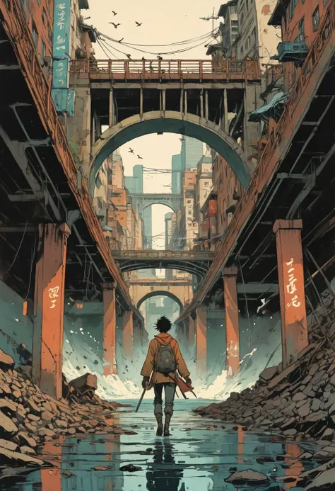 grainy, noise,
daemon ,  chase under the old bridge, intricate, complexe urban background, full of details, epic, action, cinematic, motion trails,
by  Jason A. Engle Gerald Brom, Victo Ngai Katsuya Terada,