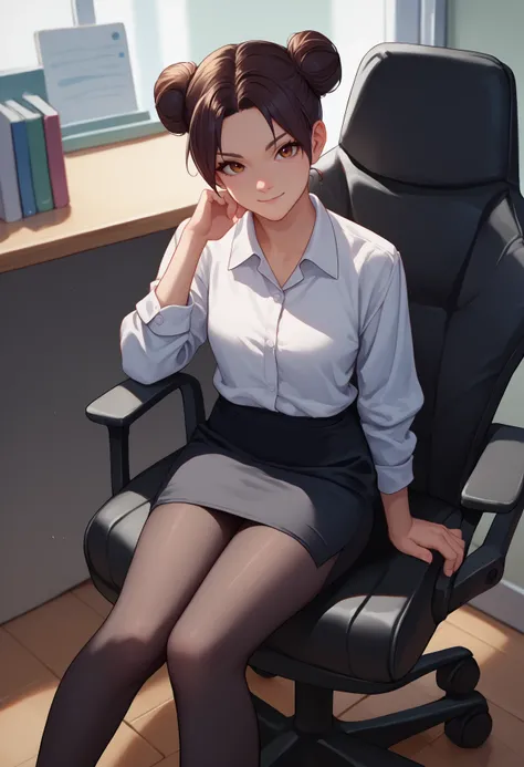 score_9, score_8_up, score_7_up, source_anime, solo, 1girl, t3nt3n, light smile, looking at viewer, sitting, swivel chair, double bun, white shirt, collared shirt, black skirt, pencil skirt, black pantyhose, indoors, office
<segment:yolo-face_yolov8m.pt,0....