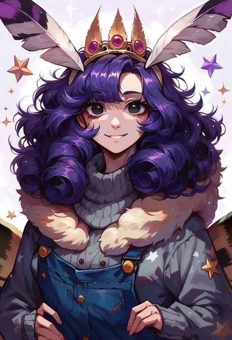 score_9, score_8_up, headshot portrait, mothgirl, moth antennae, four arms, fur trim, gold crown, oversized sweater, grey cardigan, overalls, white star pattern, short curly hair, purple hair, big wide black eyes, smiling, looking at viewer, moth wings