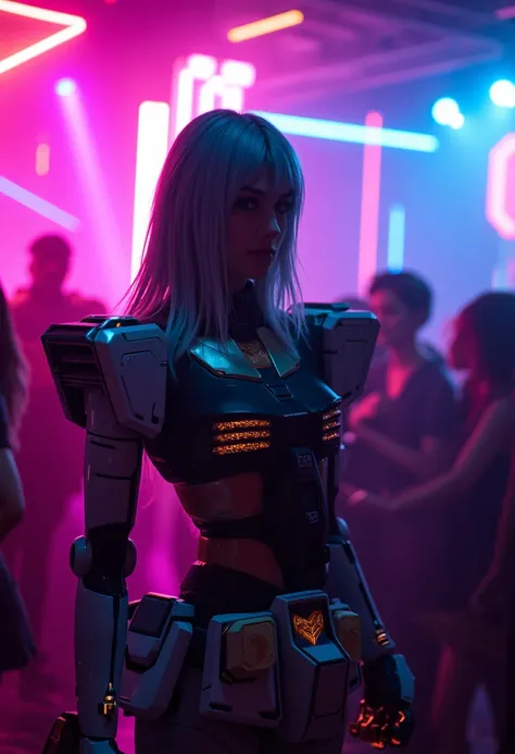 gundam, RX78, realistic photo, 
Under the neon glow of a futuristic club, the scene pulses with energy and rhythm. There, a female dressed in a Gundam suit commands attention amidst the crowd. The RX-78s sleek armor fits her like a second skin, the reflect...