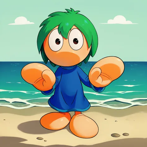 score_9, score_8_up, score_7_up, 1boy,
L3mm1ngs, Green Hair, Toony Feet, Blob Feet, Mitten Hands, Large eyes, blue robe, standing at the shore of the ocean,