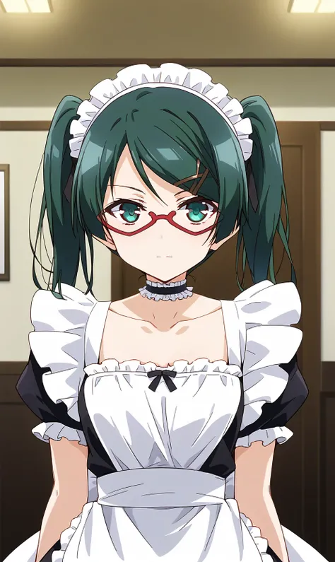 Suzuka_Kurihara, glasses, hairclip, semi-rimless eyewear, red-framed eyewear, long hair, hair ornament, twintails, collarbone, choker, maid, enmaided, masterpiece, details 