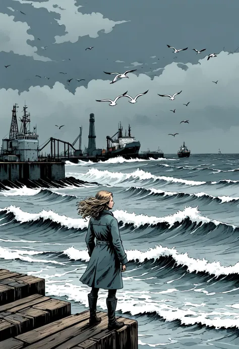 Britanny industrial harbour in background, Sea, the wave with water, a woman alone, petite, long melted wet hairs with wave, seagulls, dark cloudy heavy sky, graphic novels, intricate, hatching, muted colors, limited palette,  hard contrast