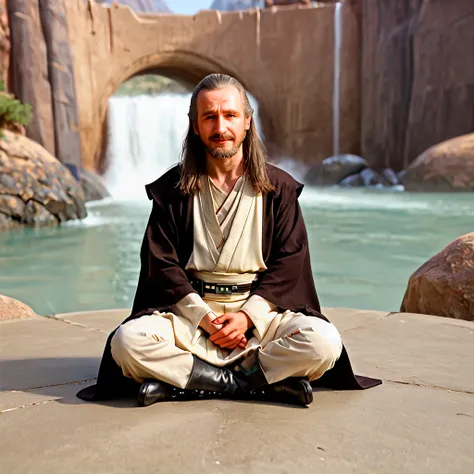 photorealistic, 4k UHD, <lora:SW_Qui-Gon_Jinn:1> qui-gon jinn meditating on a rock, sitting, star wars, male focus, gray hair, old man, jedi robes, trousers, boots, meditation, facial hair, 1boy, beard, solo, long hair, realistic, mustache, brown hair, sci...