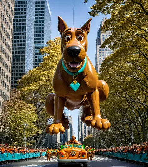 <lora:b41100n_04XL-000008:0.9>a raw photograph of (scooby doo:1.5) b41100n shaped parade balloon,(floating high above:1.2) (with guide ropes:1.1),during Macys NYC parade,with park and trees behind,with tall buildings in background,(hero shot:1.1),from belo...