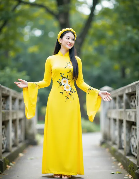 aodaivn8, Vietnamese, a young woman wearing a traditional Vietnamese dress. The dress is long and flowy, with a high neckline and long sleeves. It is made of a bright yellow fabric with a floral design on the front. The woman is standing on a stone bridge ...