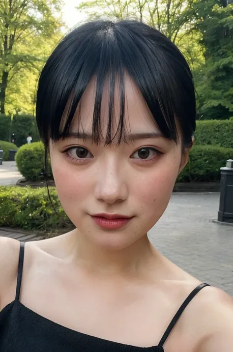 a beautiful picture of upiko ,woman,  detailed skin texture,masterpiece, photorealistic, RAW color photo,(fully in frame:1.1),brunette, detailed face,outdoors,park,wearing a black dress,upper body,looking at viewer, <lora:upiko (5):1>