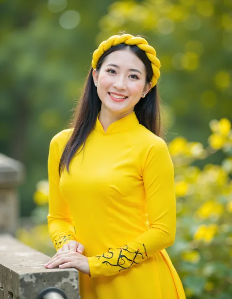 aodaivn8, Vietnamese, The image is a portrait of a young woman wearing a traditional Vietnamese dress. She is standing on a stone wall with a blurred background of greenery and yellow flowers. The woman is wearing a bright yellow ao dai, which is a long-sl...