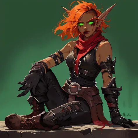 Score_9, score_8_up, 1girl, solo, blood elf, tan skin, long hair, orange hair, green eyes, glowing eyes, short hair, side shave, messy hair, swept bangs, Black halter top, brown laces, red scarf, single spiked shoulderpad, black armbands, studdled leather ...