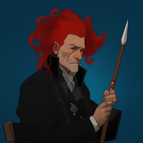 nose piercing, cellphone, throne, hair ribbon, from side, smoke, black coat, old man, red hair, spear, blue background, solo, white shirt, dagger