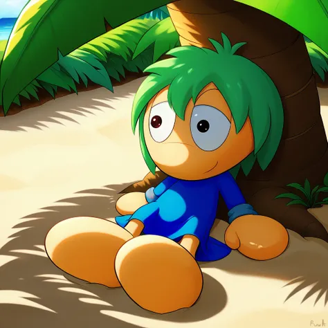 score_9, score_8_up, score_7_up, 1boy,
L3mm1ngs, Green Hair, Toony Feet, Blob Feet, Mitten Hands, Large eyes, blue robe, laying on a tropical beach under shade, surrounded by lush palm trees, soft white sand, dappled sunlight filtering through leaves, hype...