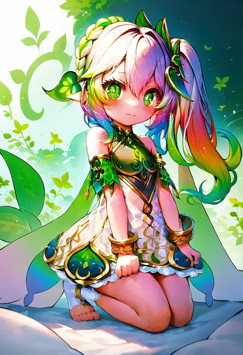 score_9, score_8_up, score_7_up, score_6_up, <lora:KamiyaYuuXL_P6_lokr_V53P1:0.95> 1girl, nahida (genshin impact), green eyes, solo, multicolored hair, dress, pointy ears, gradient hair, looking at viewer, long hair, white dress, hair ornament, side ponyta...