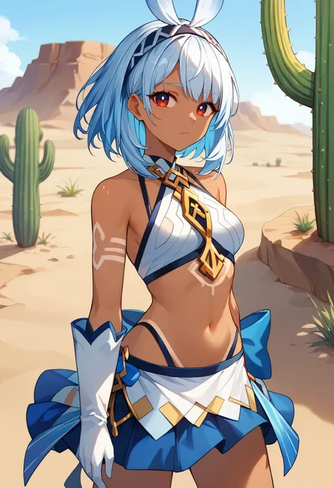 score_9,score_8_up,core_7_up, <lora:mualani_genshin_impact_pdxl_goofy:1> mualaniGi, 1girl,solo,white hair,red eyes,navel, Portrait, looking at viewer,closed mouth,jewelry,skirt,medium hair,dark skin,white gloves,bangs,blue hair,midriff,sunburn, looking at ...