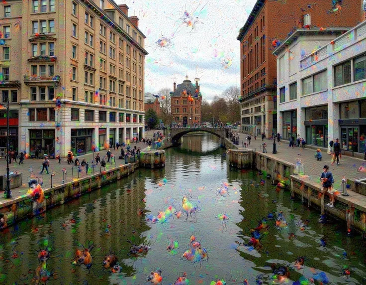 <lora:deepdream_flux:1>,deepdreamlora,the images shows a man walking on a bridge in London,