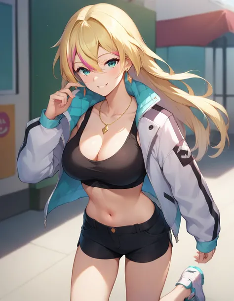 score_9,score_8_up,score_7_up,score_6_up BREAK official art,solo,outdoors,upper body,(portrait:1.5),looking at viewer,facing viewer,smile,rinkou ashelia,long hair,blonde hair,floating hair,streaked hair,earrings,hair between eyes,bangs,aqua eyes,collarbone...